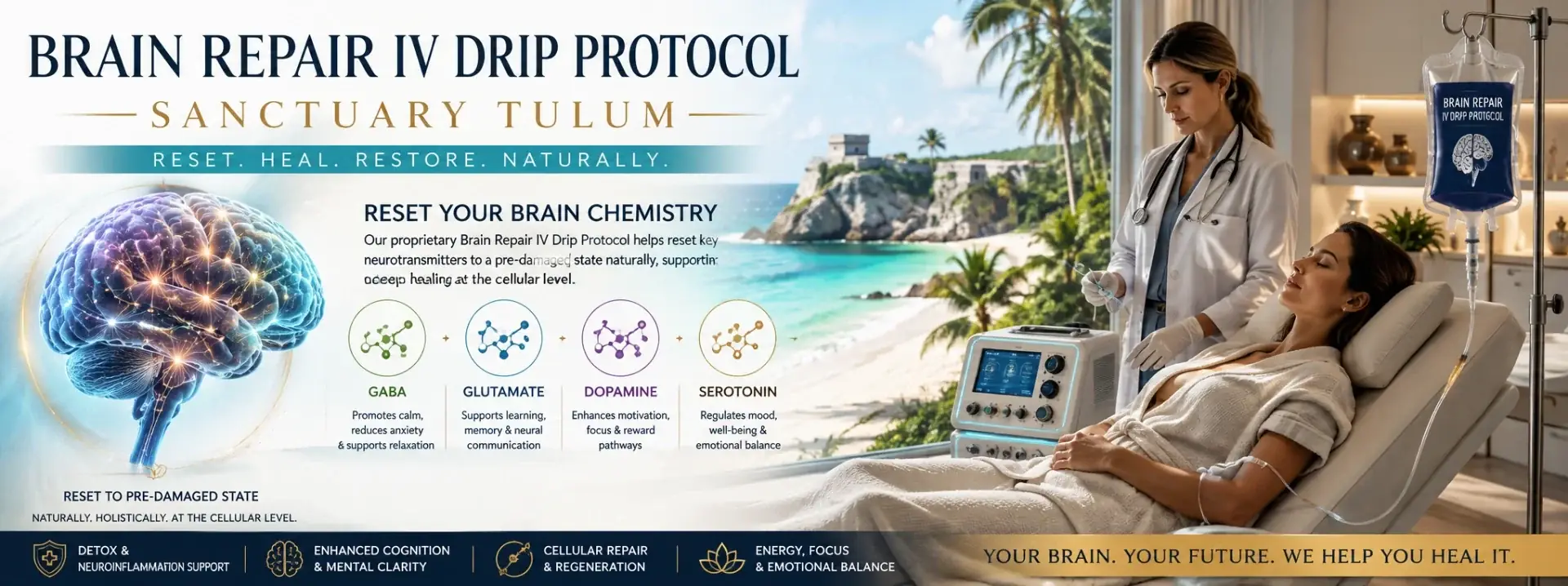 Brain repair IV drip therapy for alcohol detox at luxury Sanctuary Tulum healing center
