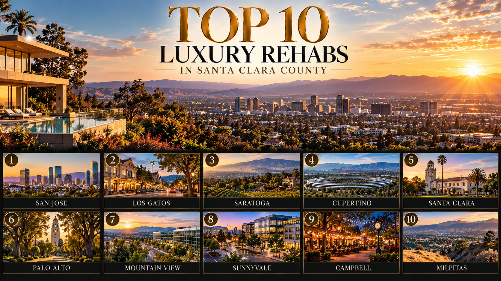 Santa Clara County luxury rehab guide infographic with San Jose, Los Gatos, Saratoga, Cupertino, Santa Clara, Palo Alto, Mountain View, Sunnyvale, Campbell and Milpitas