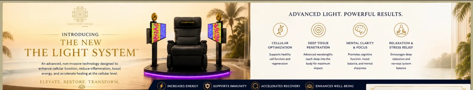 The Light System™ benefits banner — advanced light, powerful results with cellular optimization and deep tissue penetration