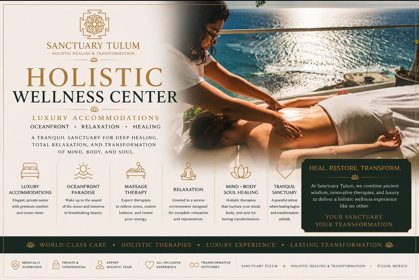 Sanctuary Tulum holistic wellness center with oceanfront luxury accommodations and massage therapy