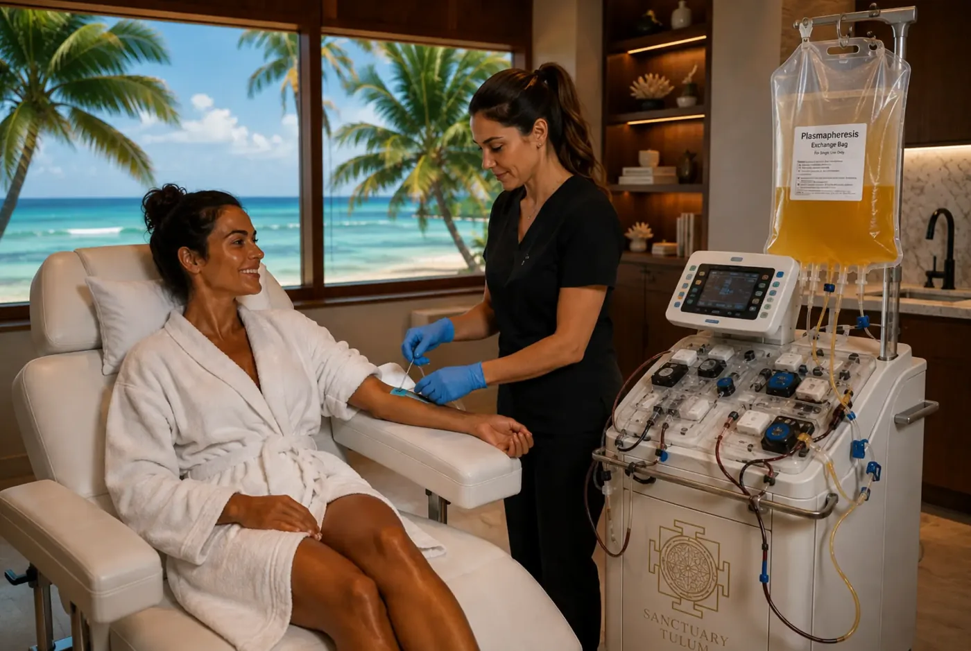 Plasmapheresis plasma exchange session with continuous monitoring at the Sanctuary Tulum beachfront clinic in Mexico