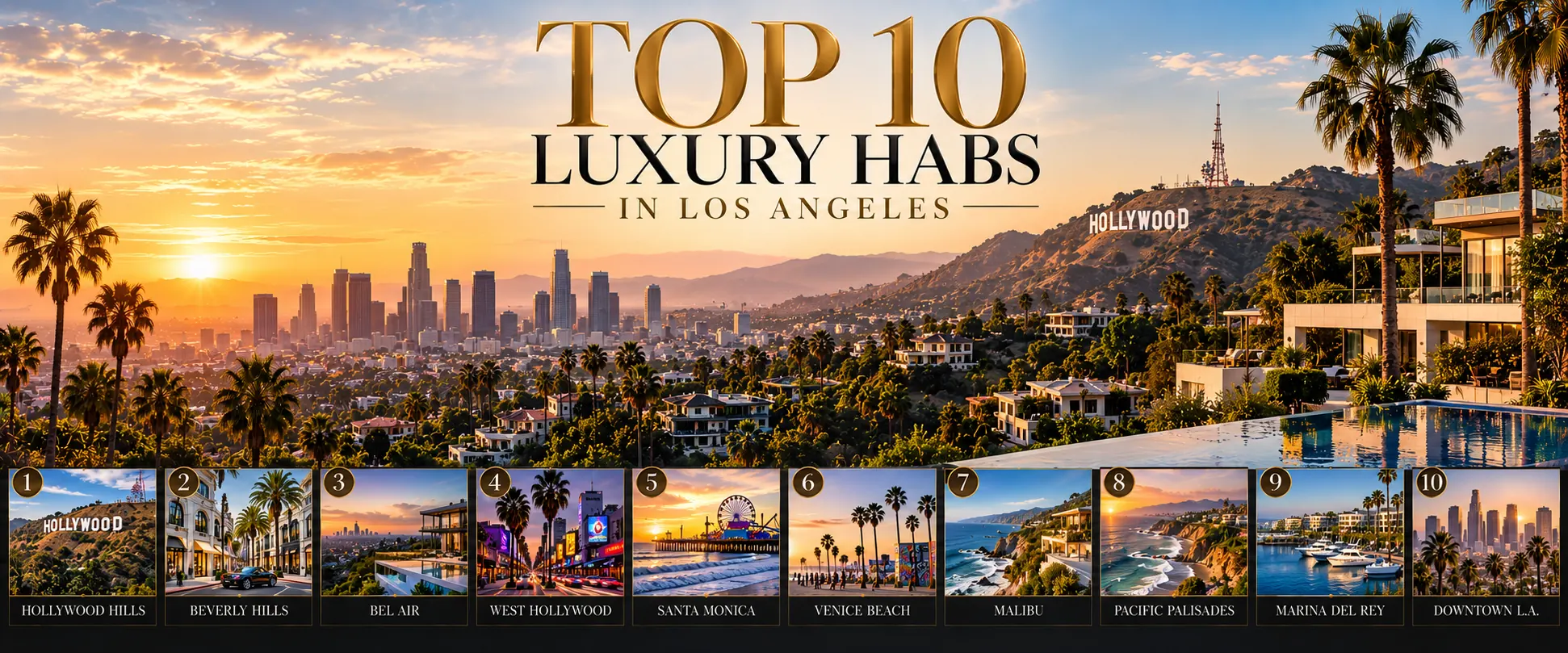 Los Angeles luxury rehab guide infographic with the Hollywood Hills, Beverly Hills, Bel Air, Santa Monica and Malibu