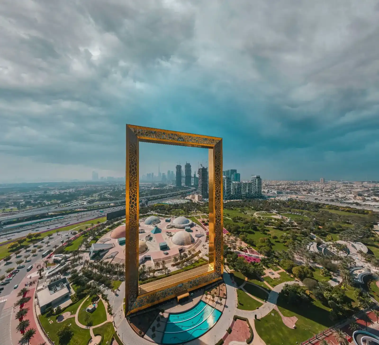 Dubai Frame with downtown skyline behind — the interconnected UAE community high-profile residents step away from when choosing physician-supervised detox in Tulum