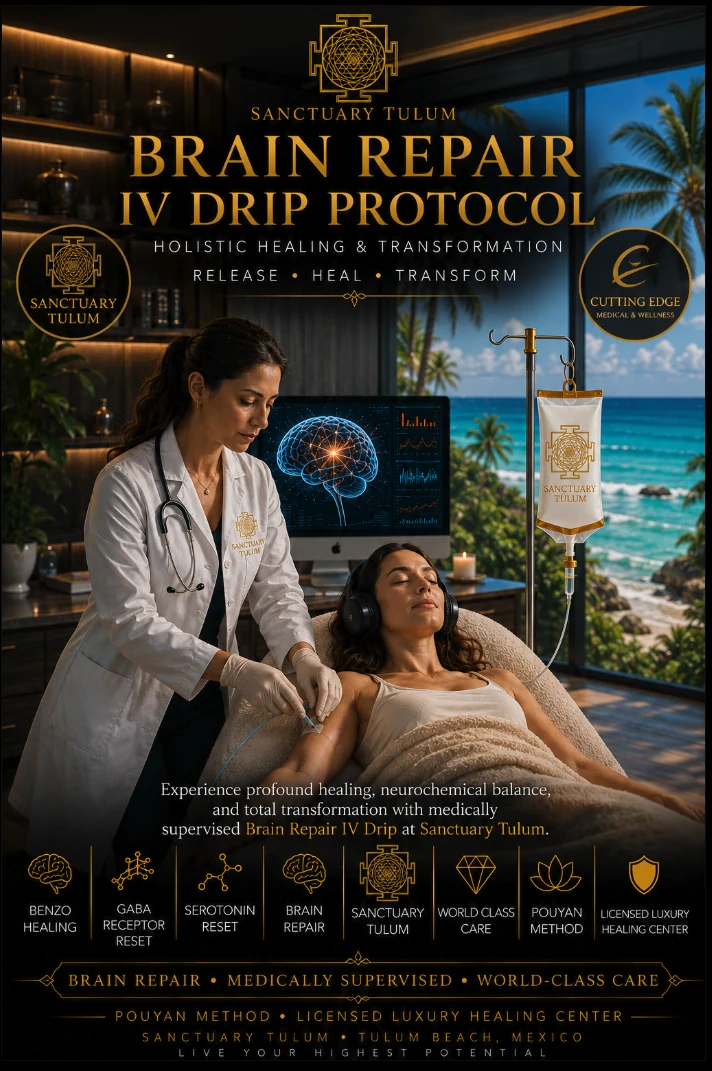 Brain Repair Protocol IV drip used to support neurotransmitter recovery at Sanctuary Tulum