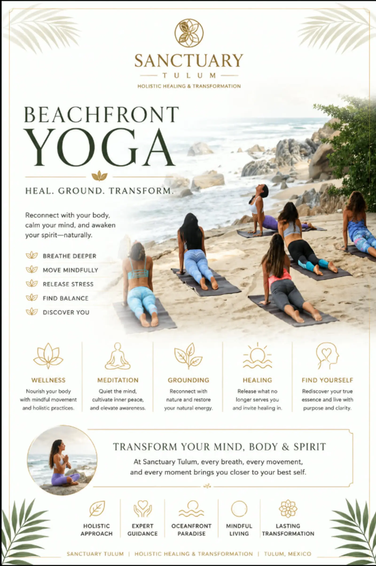 Movement and breath practice on the beach at Sanctuary Tulum
