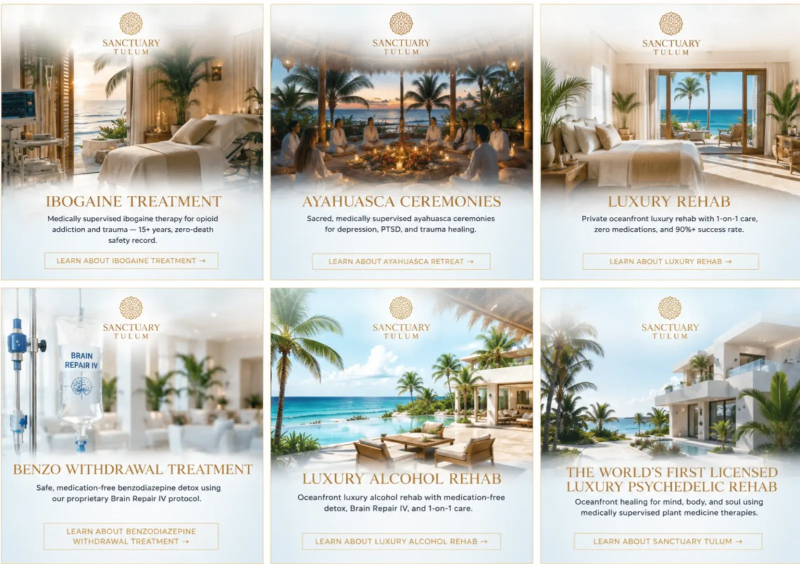 Sanctuary Tulum comprehensive healing system: Ibogaine Treatment, Ayahuasca Ceremonies, Luxury Rehab, Benzo Withdrawal Treatment, Luxury Alcohol Rehab, and a COFEPRIS-licensed luxury psychedelic rehab center