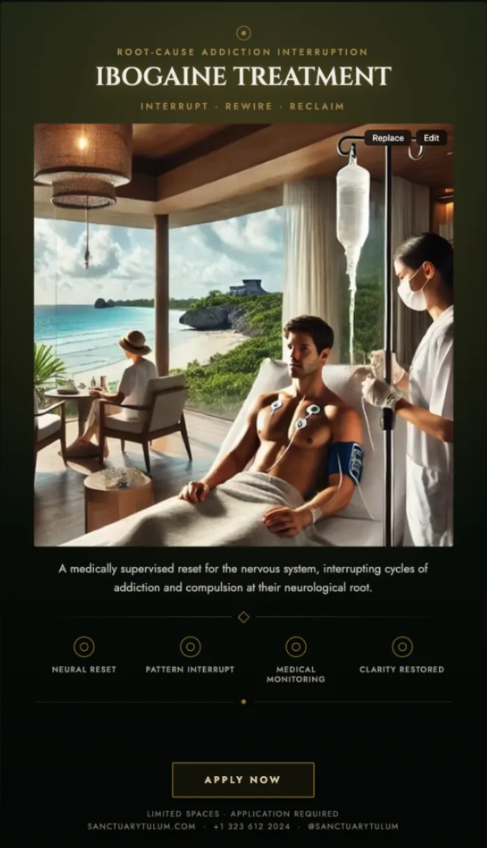 Ibogaine treatment at Sanctuary Tulum — medically supervised IV and cardiac monitoring for addiction reset in Mexico