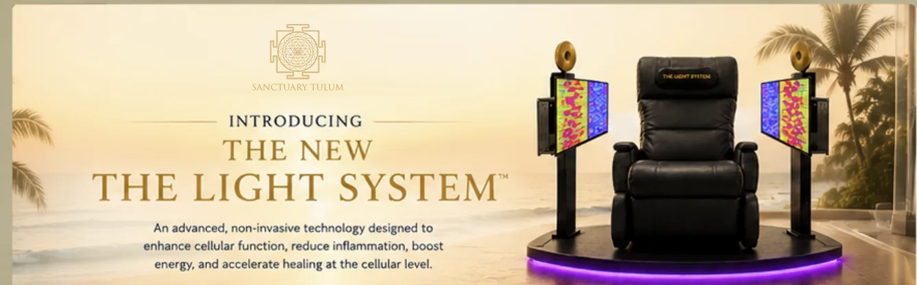 The Light System™ photobiomodulation chair at sunset in Tulum — proprietary light system compared with red light therapy