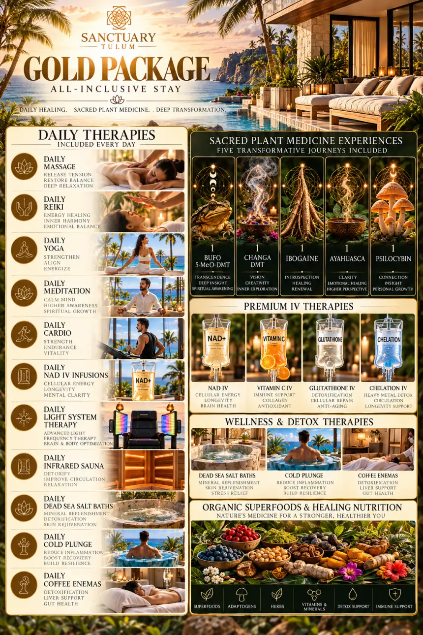 Sanctuary Tulum Gold Package infographic — 12 week deep healing and lasting change program covering holistic therapies, wellness technology, detox therapy, sacred plant medicine ceremonies, and organic superfood nutrition