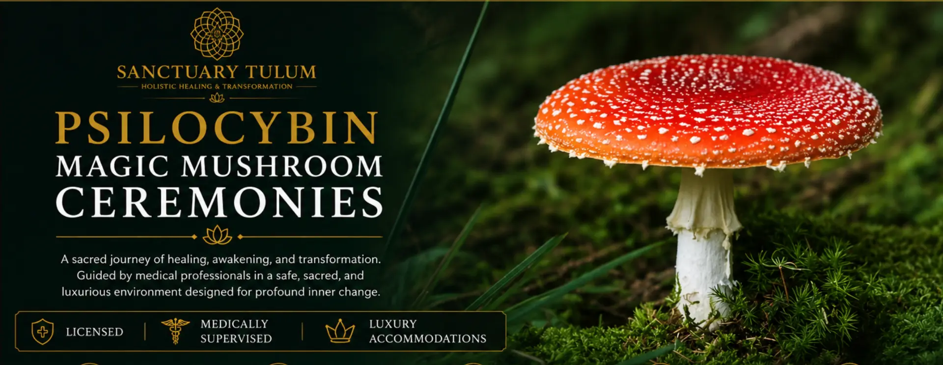 Psilocybin magic mushroom ceremonies at Sanctuary Tulum — licensed, medically supervised, luxury accommodations