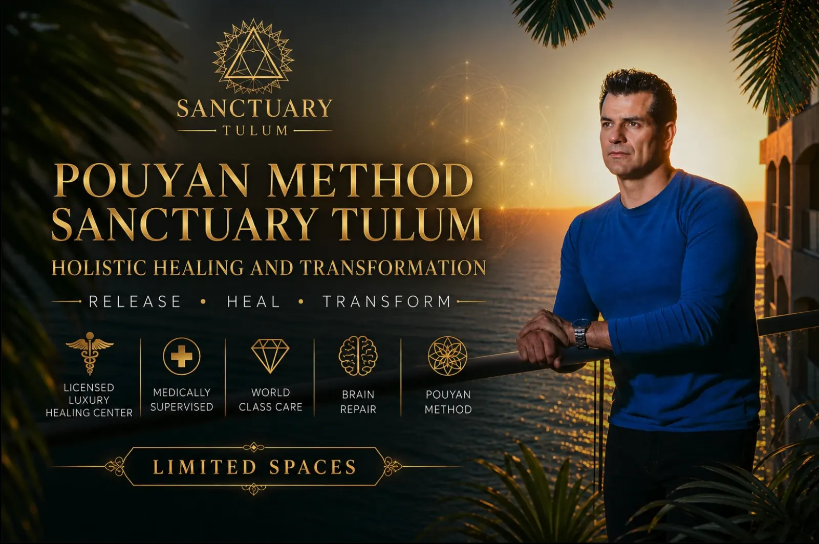 Johnny Tabaie, founder of the Pouyan Method, overlooking the ocean at Sanctuary Tulum