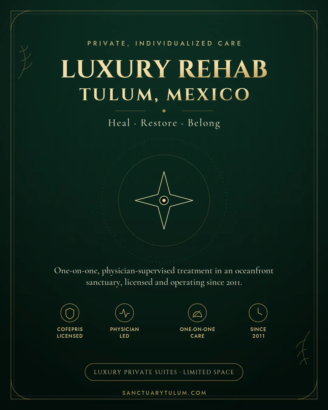 Luxury rehab program structure — residential model, therapy hours, and program duration