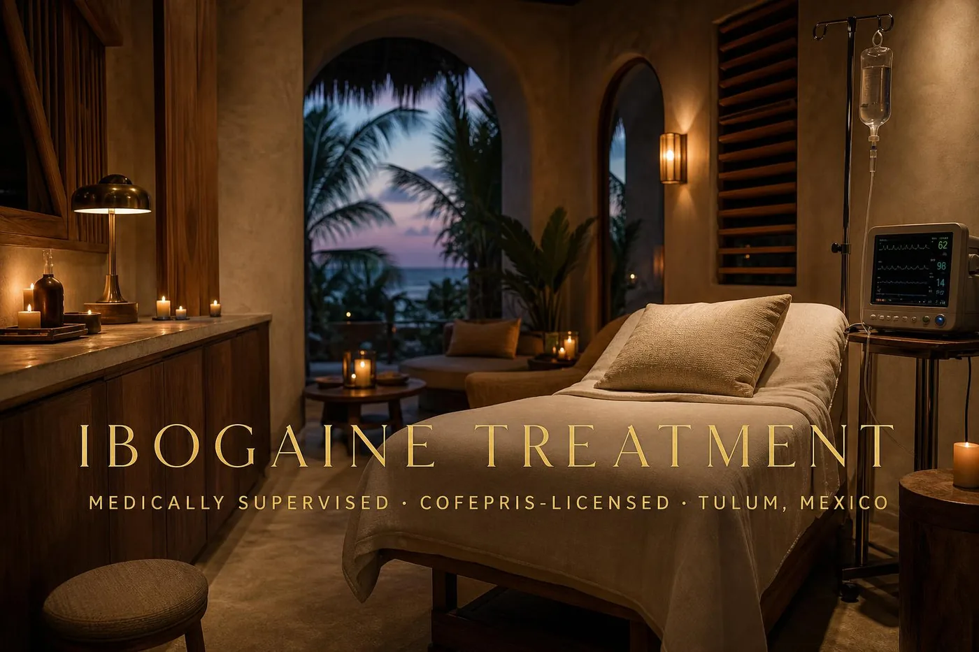 Medically supervised, COFEPRIS-licensed ibogaine treatment suite with cardiac monitoring at Sanctuary Tulum in Tulum, Mexico — the licensed option for Texas patients searching ibogaine texas