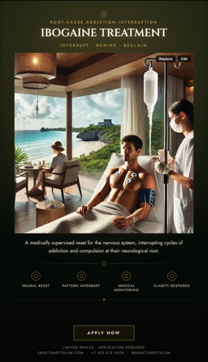 Ibogaine treatment at Sanctuary Tulum — medically supervised IV and cardiac monitoring for addiction reset in Mexico