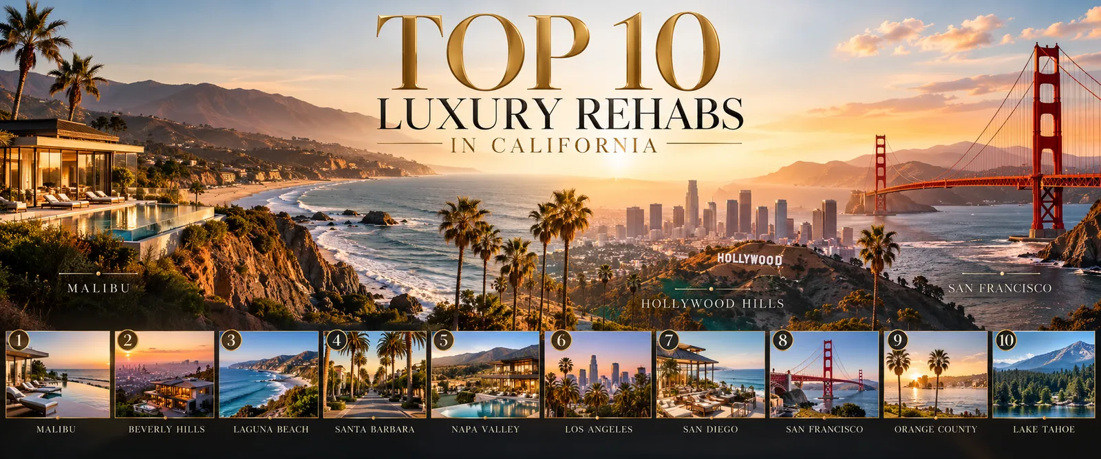 Top 10 luxury rehabs in California infographic: Malibu, Beverly Hills, Laguna Beach, Santa Barbara, Napa Valley, Los Angeles, San Diego, San Francisco, Orange County, Lake Tahoe