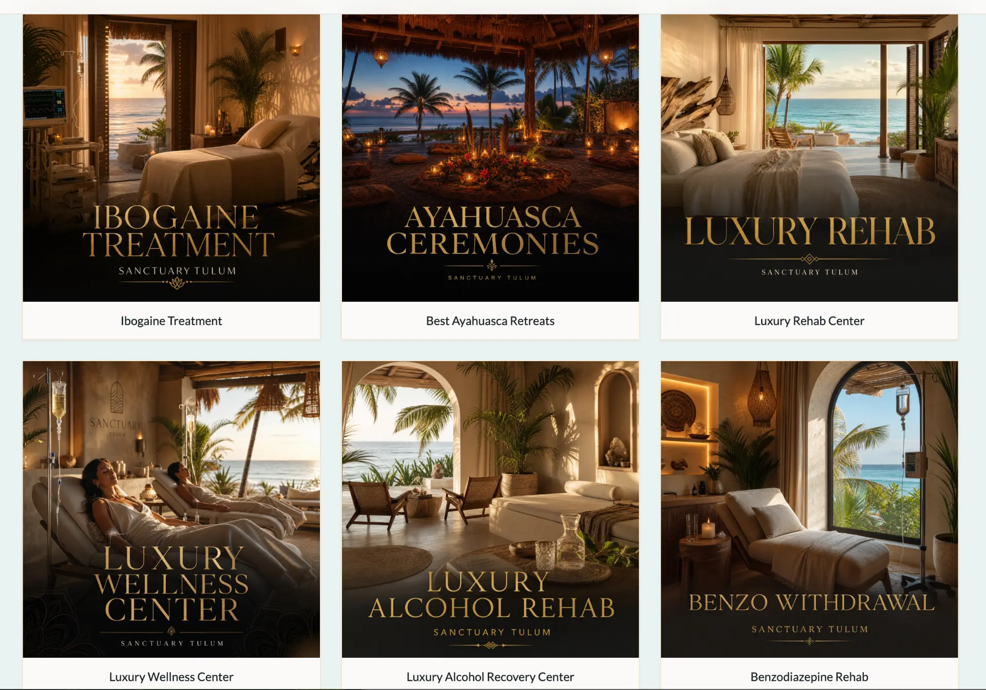 Specialty packages and programs at Sanctuary Tulum luxury healing center — ibogaine treatment, ayahuasca ceremonies, luxury rehab center, luxury wellness center, luxury alcohol recovery center, and benzodiazepine rehab