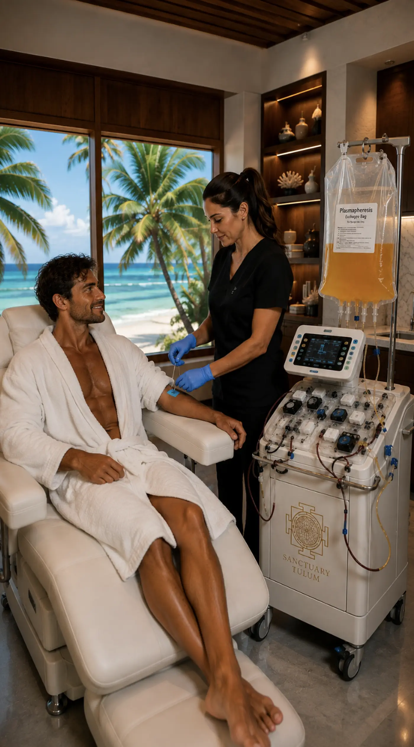 Guest receiving medically supervised plasmapheresis therapy in an oceanfront treatment suite at Sanctuary Tulum, Mexico