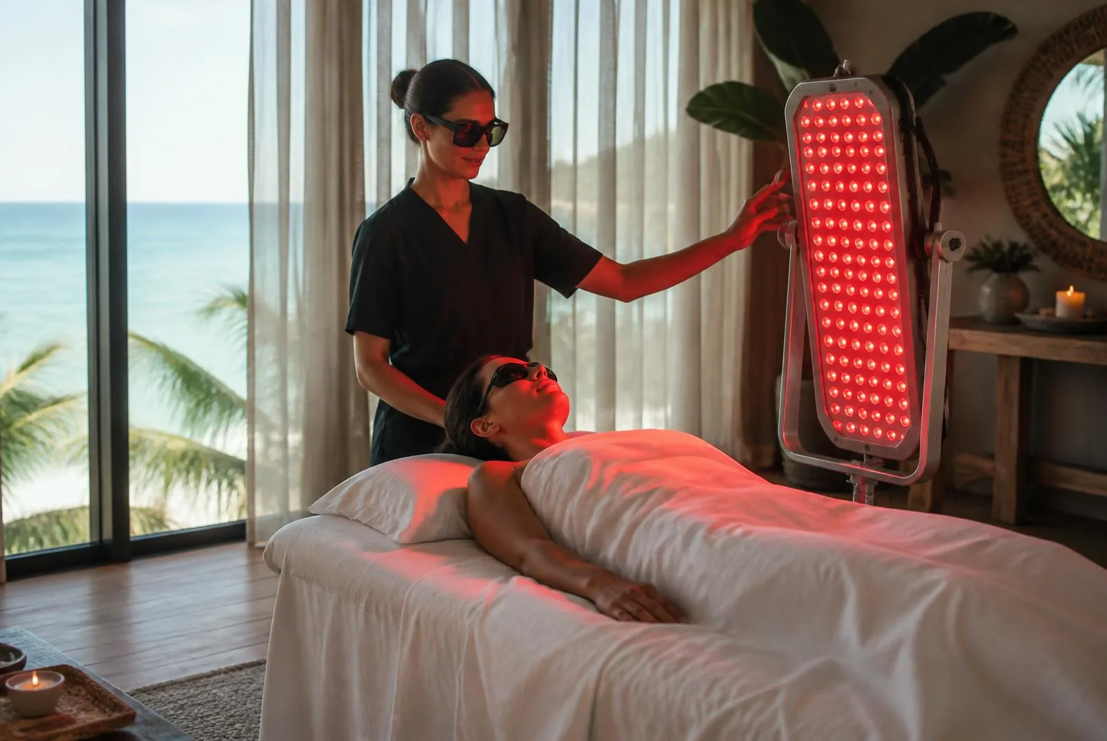 Red and near-infrared light therapy panel used for pain management and physical recovery protocols