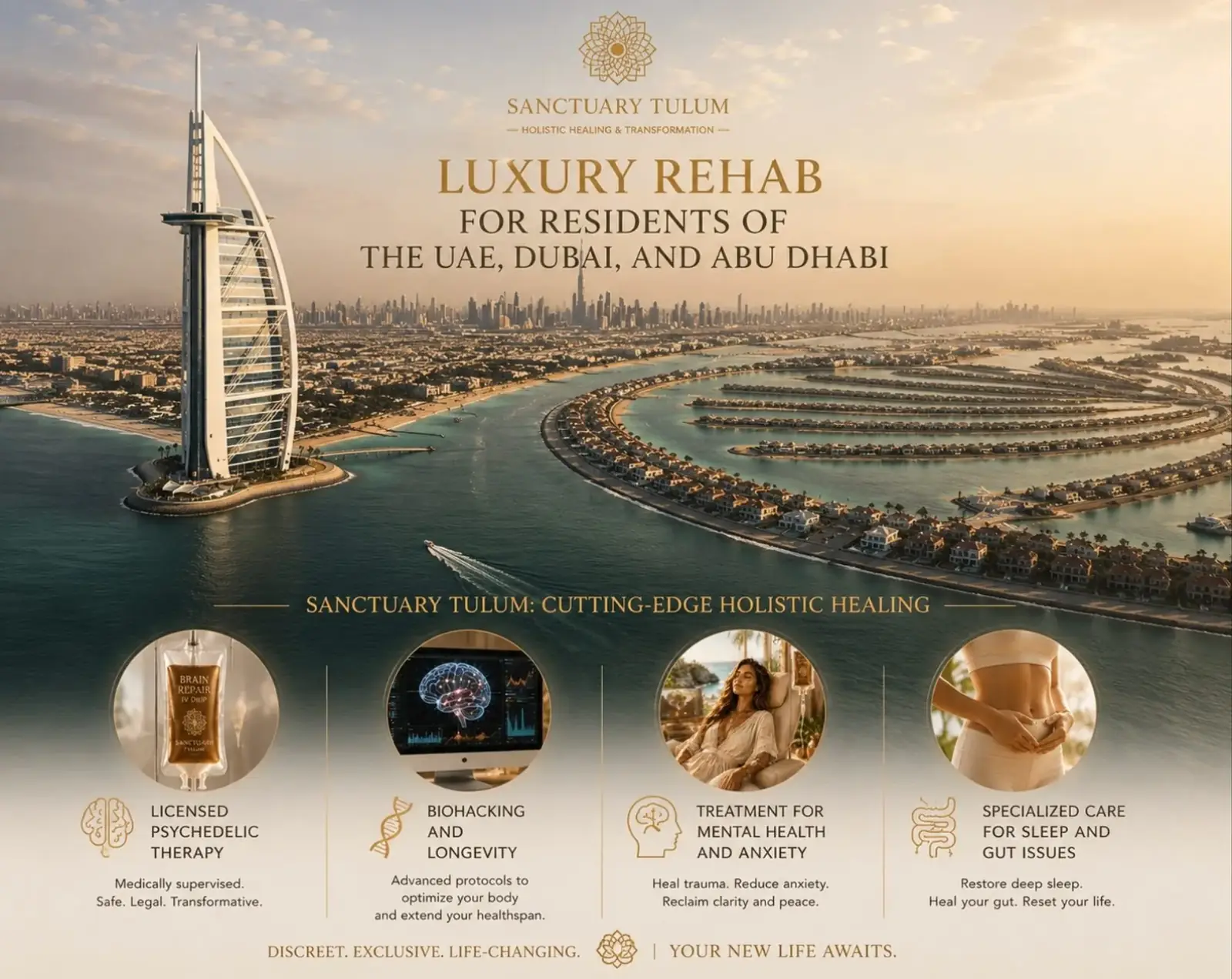 Dubai skyline representing the international clientele served by luxury rehabs abroad