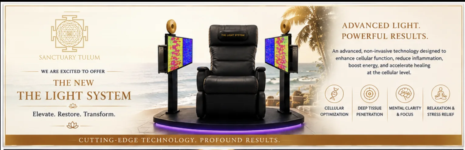 The Light System™ light therapy chair overlooking the ocean at Sanctuary Tulum — advanced photobiomodulation wellness technology