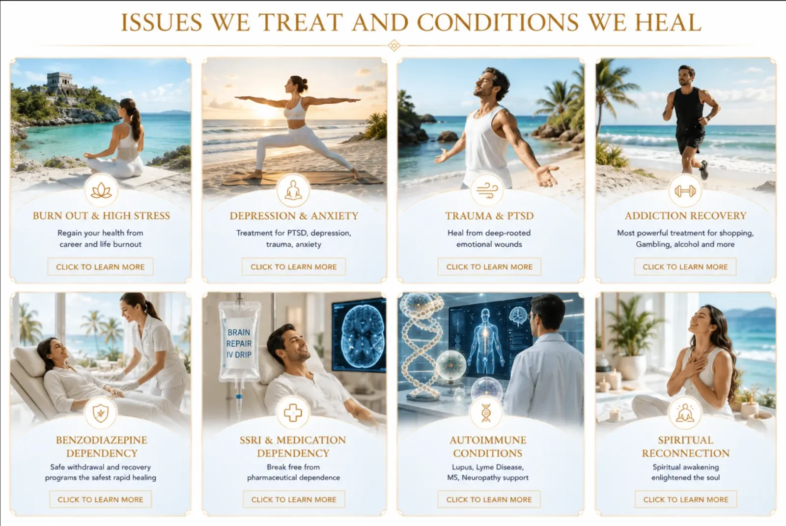 Issues we treat and conditions we heal at Sanctuary Tulum: burnout, depression, anxiety, trauma, PTSD, addiction recovery, benzodiazepine dependency, SSRI dependency, autoimmune conditions, and spiritual reconnection