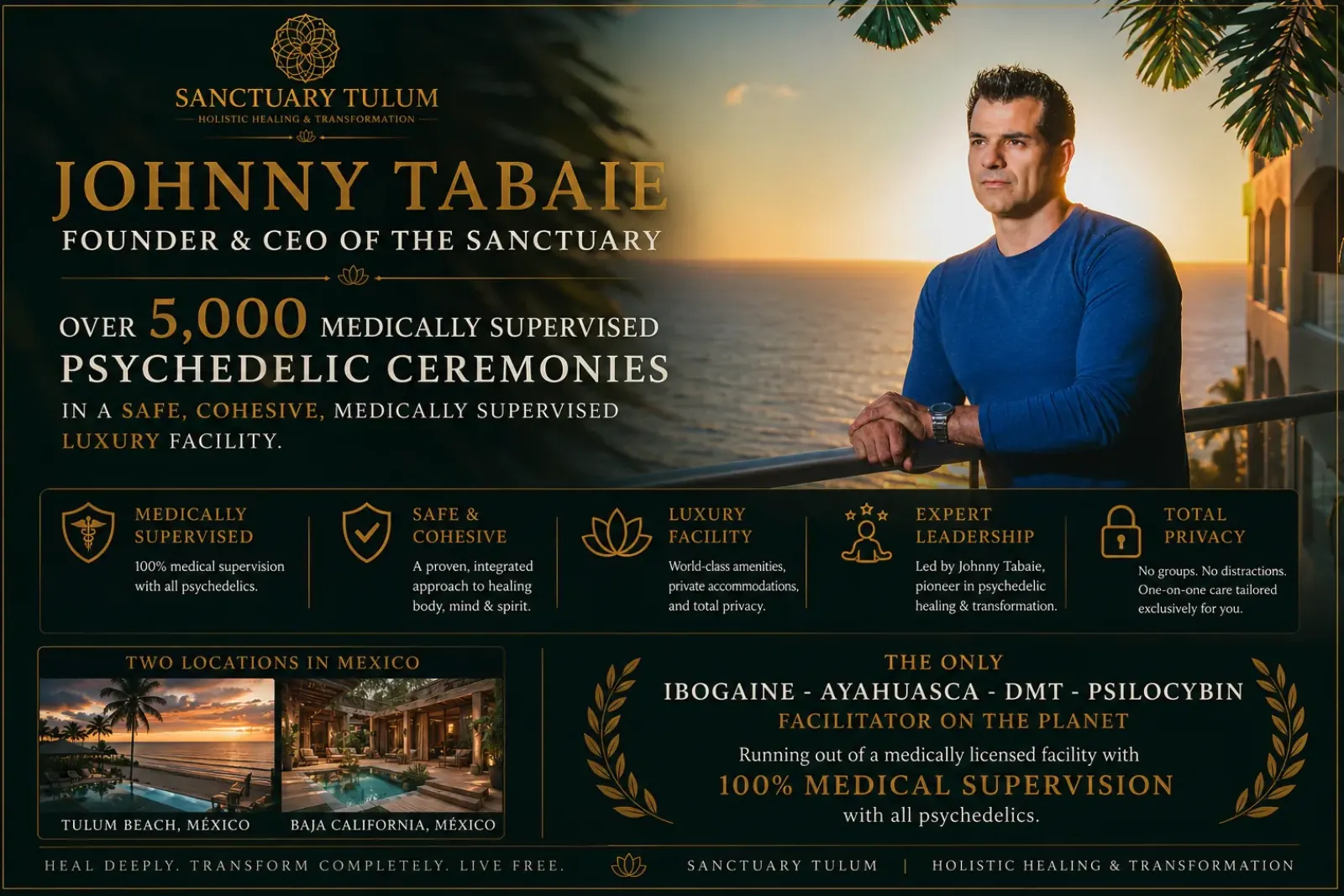 Johnny Tabaie, Founder & CEO of Sanctuary Tulum, standing on an oceanfront balcony at sunset