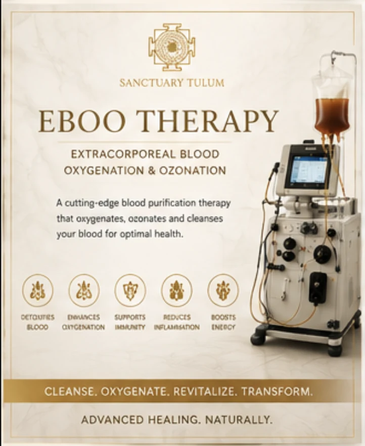 EBOO therapy benefits infographic — blood detoxification, oxygenation, and immune support at Sanctuary Tulum