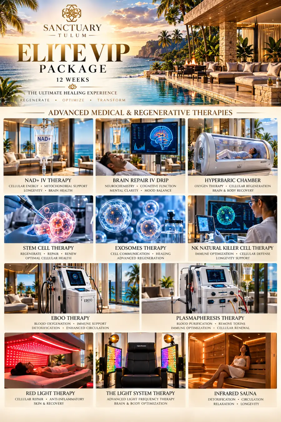Sanctuary Tulum Elite VIP Package 12 week infographic — advanced medical and regenerative therapies including NAD+ IV therapy, Brain Repair IV drip, hyperbaric chamber, stem cell therapy, exosomes therapy, NK natural killer cell therapy, EBOO therapy, plasmapheresis therapy, red light therapy, The Light System therapy, and infrared sauna