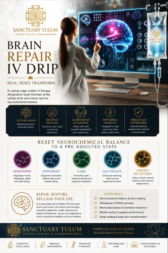Brain Repair IV Drip protocol used in Sanctuary Tulum's executive rehab program