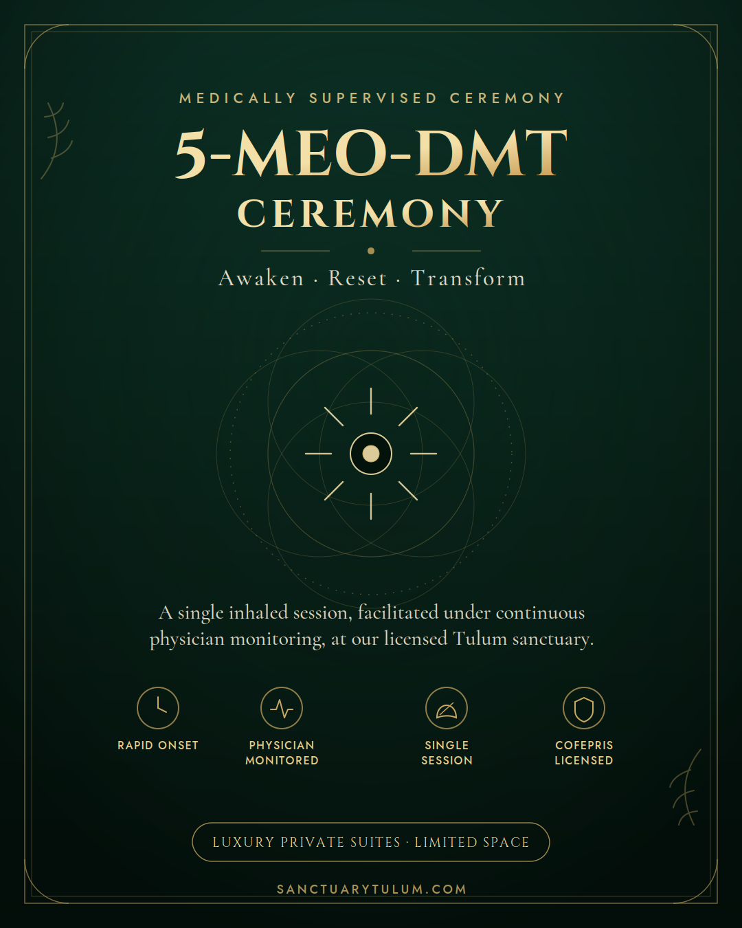 5-MeO-DMT Ceremony for PTSD at Sanctuary Tulum — medically supervised single inhaled session, physician monitored throughout