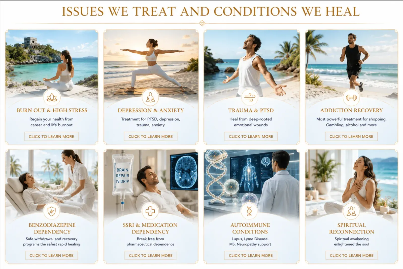 Issues We Treat and Conditions We Heal at Sanctuary Tulum — Burn Out & High Stress, Depression & Anxiety, Trauma & PTSD, Addiction Recovery, Benzodiazepine Dependency, SSRI & Medication Dependency, Autoimmune Conditions, and Spiritual Reconnection