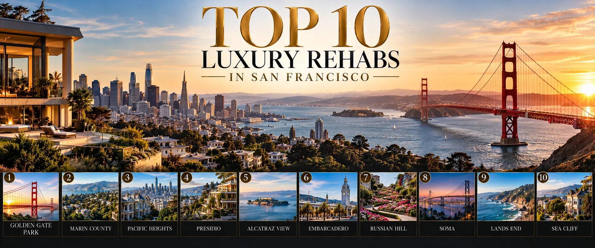 San Francisco luxury rehab guide infographic with the Golden Gate Bridge, bay skyline, Marin County, Pacific Heights and Sea Cliff