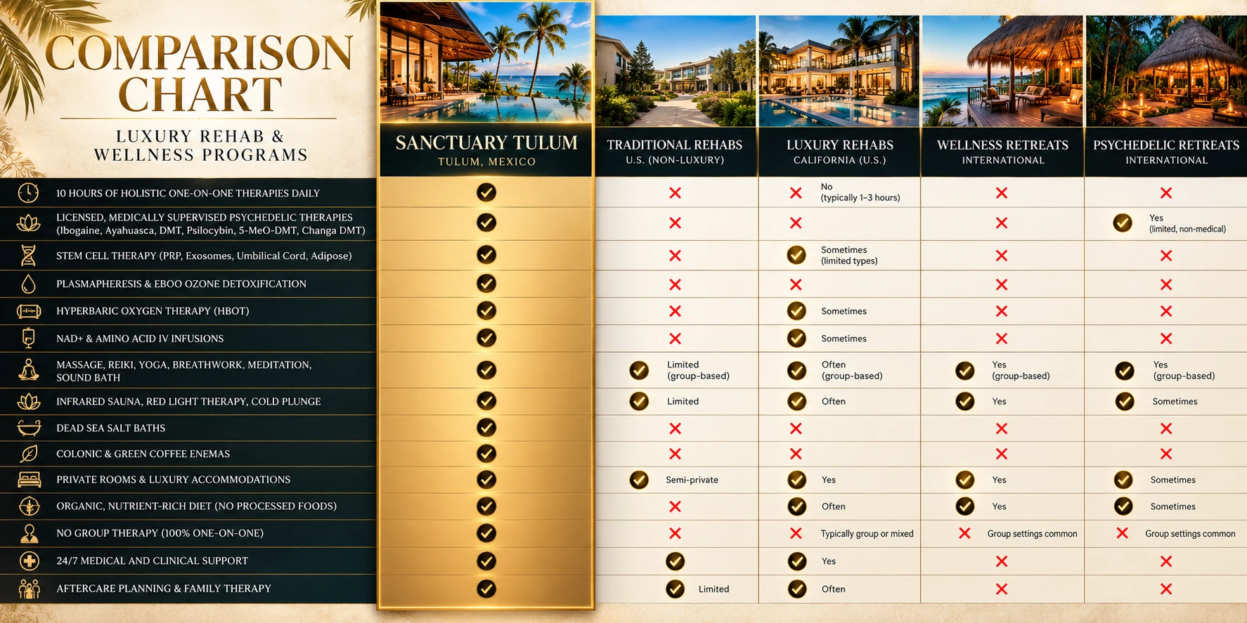 Sanctuary Tulum luxury rehab and wellness comparison chart comparing one-on-one care, therapies, accommodations and aftercare across program types