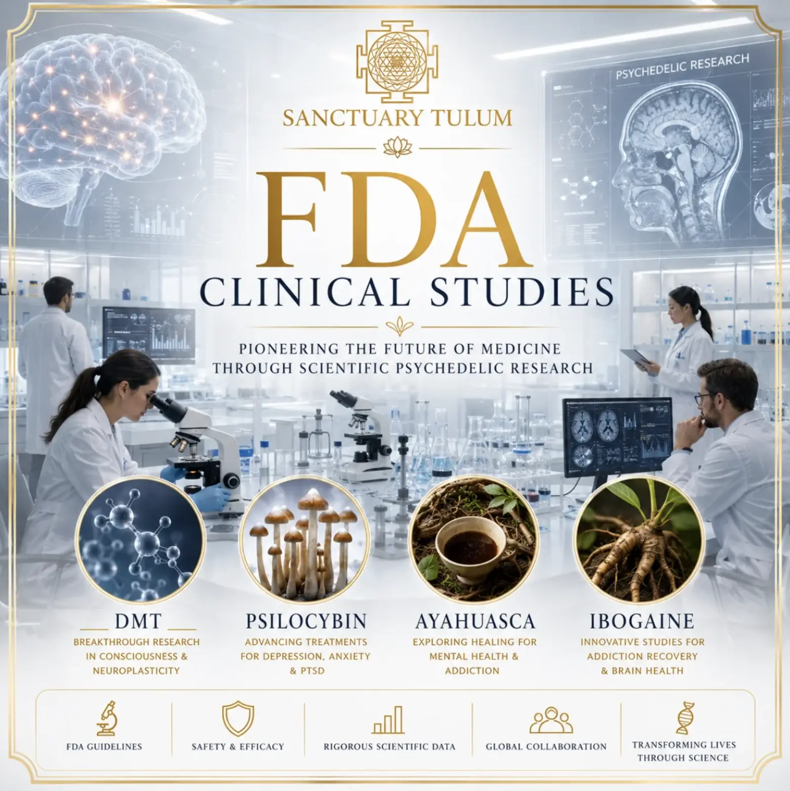 FDA clinical studies guide on psychedelic research into DMT, psilocybin, ayahuasca and ibogaine at Sanctuary Tulum