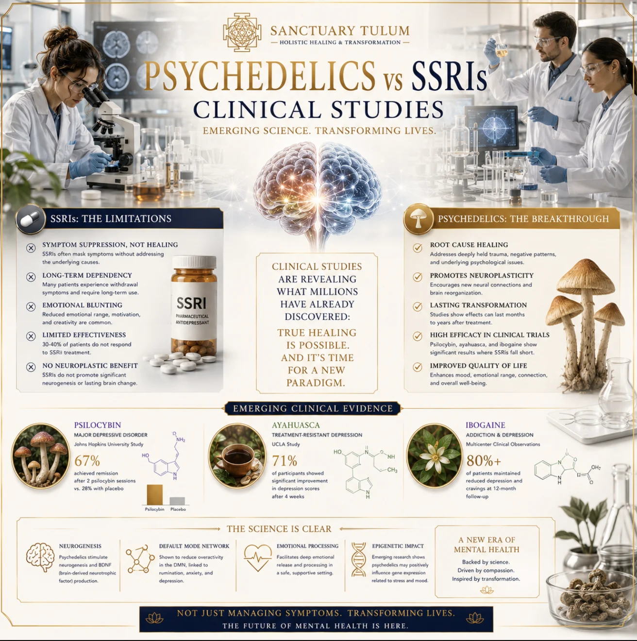 Psychedelics versus SSRIs clinical studies comparison guide from Sanctuary Tulum