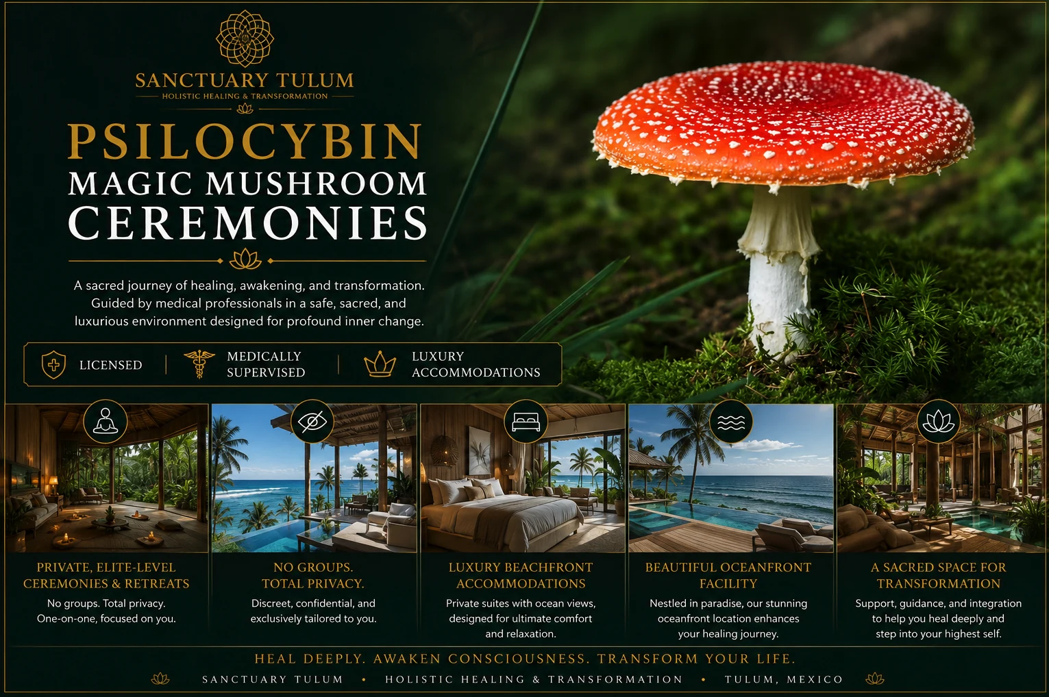 Guide for Psilocybin Magic Mushroom Ceremonies at Sanctuary Tulum, featuring a Fly Agaric mushroom and five oceanfront facility lifestyle photos, highlighting licensed, medically supervised psilocybin therapy in Tulum, Mexico