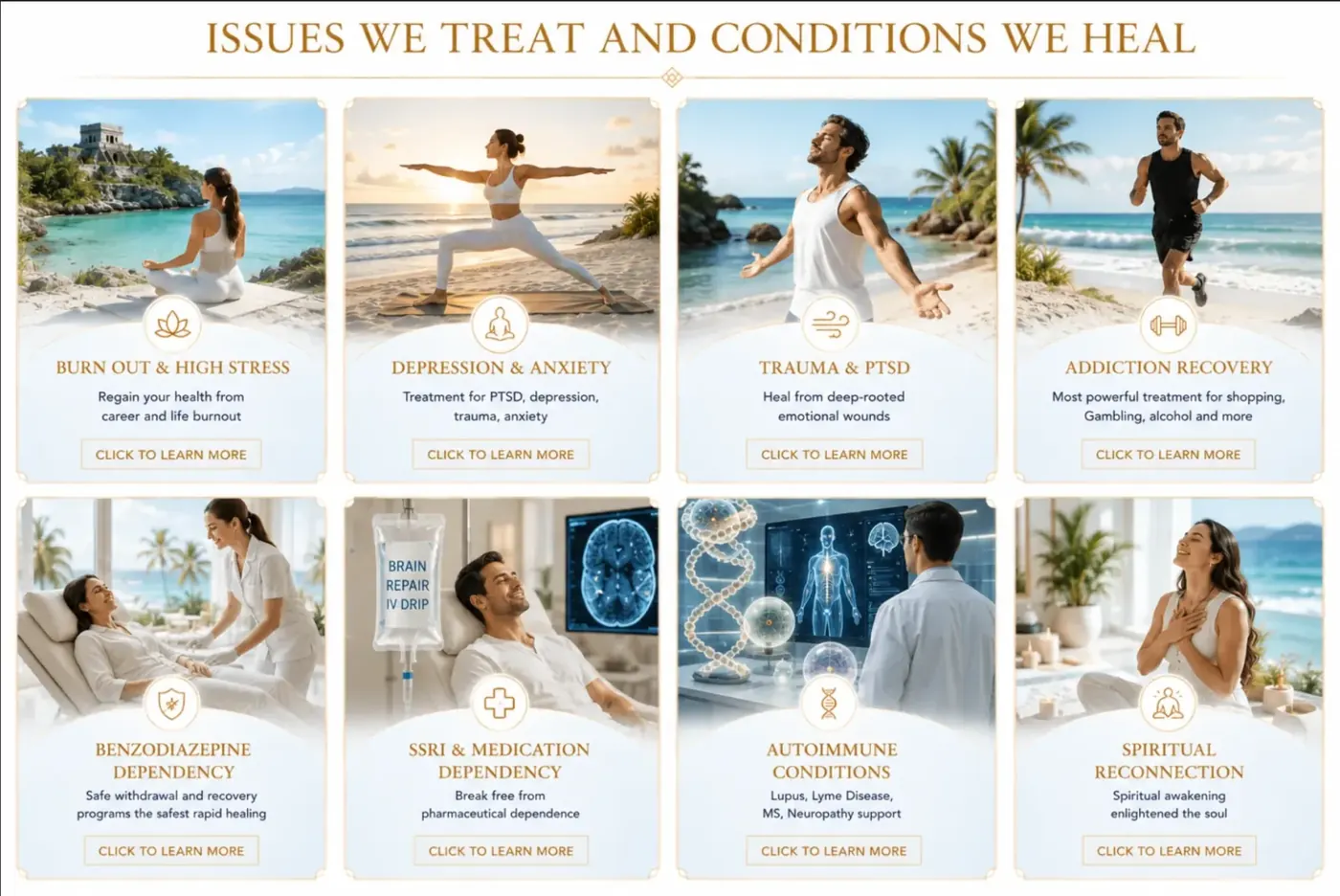 Issues we treat and conditions we heal at Sanctuary Tulum: burnout, depression, anxiety, trauma, PTSD, addiction recovery, benzodiazepine dependency, SSRI dependency, autoimmune conditions, and spiritual reconnection