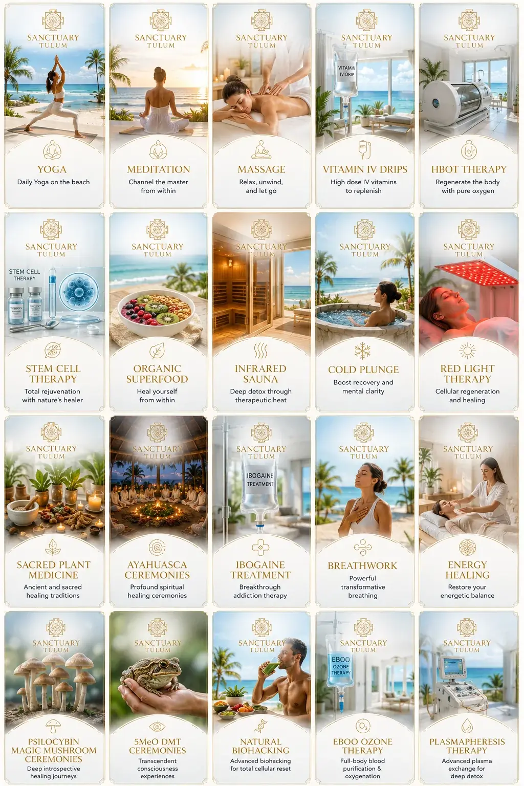 Treatments and therapies offered at Sanctuary Tulum luxury retreat including yoga, meditation, massage, vitamin IV drips, HBOT, stem cell therapy, organic superfood, infrared sauna, cold plunge, red light therapy, sacred plant medicine, ayahuasca ceremonies, ibogaine treatment, breathwork, energy healing, psilocybin magic mushroom ceremonies, 5MeO-DMT ceremonies, natural biohacking, EBOO ozone therapy, and plasmapheresis